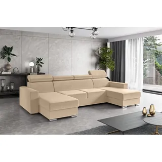 ALTDECOR Ecksofa mit Schlaffunktion und Bettkasten, ideal als Gästebett, Polstercouch in U-Form, rückenecht gepolstert - FIX - 306x168x69 - Beige/Samt - Beige