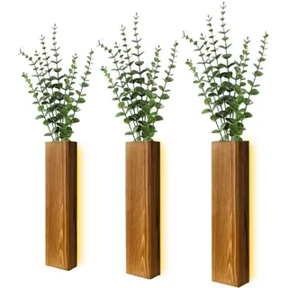 3 Stück Holz Wandvase mit LED Lichtern, Wand Pflanzgefäß Holz Wand Dekor für Schlafzimmer und Badezimmer, Wandvase Vielseitige Holzs Home Decor für Getrocknete Blumen und Faux Grünpflanzen