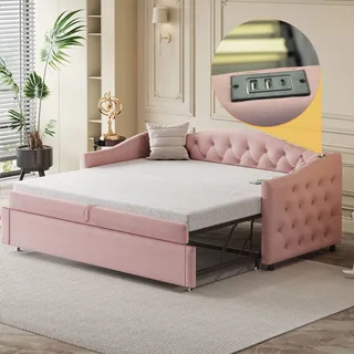 Flieks Polsterbett 90x200cm mit Ausziehbett 90x190cm, Tagesbett Daybed Funktionsbett mit Lattenrost, Jugendbett mit USB, Holzbett Leinen, Rosa - Rosa