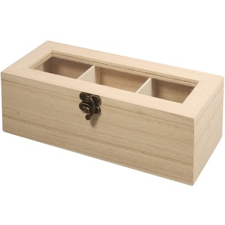 Rayher 62598000 Holz-Teebox, 21,5 x 9 x 7 cm, 3 Fächer, naturbelassen, mit Schwenkverschluss, Teekasten, Teebeutelbox, Holzbox zur Aufbewahrung von Teebeuteln, Kaffeepads, Gewürzen etc.