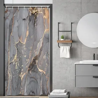 ASDCXZ Duschvorhang Grau Gold Marmor 120x180 cm, Modern Abstrakt Grau Gold Schwarz Marmor Optik Textur Waschbar Bad Duschvorhänge Polyester Textil Wasserdicht Duschvorhang für Badewanne mit 8 Hake