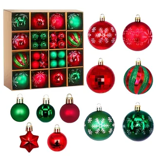 Weihnachtskugeln rot grün,44pcs weihnachtsbaumschmuck,Haken für weihnachtskugeln Set,weihnachtskugeln Kunststoff für weihnachtsbaumschmuck,weihnachtsdeko Outdoor