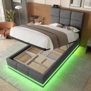 MODFU Polsterbett ohne Matratze 90x200 Jugendbett mit höhenverstellbarem Kopfteil,mit USB-Anschlüssen und LED-Ambientebeleuchtung auch Stauraum,Grau - Grau