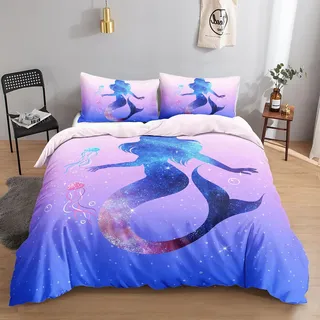 HOSIMA Meerjungfrau-Bettwäsche-Set für Erwachsene, Jungen und Mädchen, Glitzernder Blauer Meerjungfrau-Druck, Bettbezug mit 2 Kissenbezügen (Blaue Meerjungfrau S)