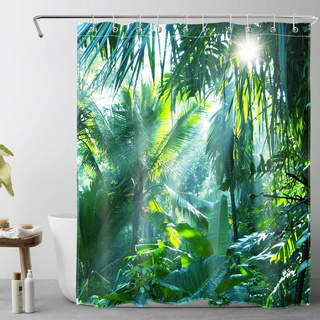 LB Duschvorhang Antischimmel Grün Blätter und Pflanzen im Wald Duschvorhang 150x200cm Wasserdicht Polyester Stoff Dschungel Lang Duschvorhang für Badewanne mit 10 Haken