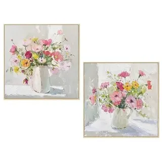 2er Set Leinwandbild mit Naturholzrahmen in weiß, gelb und rosa 60x60x3,5 cm