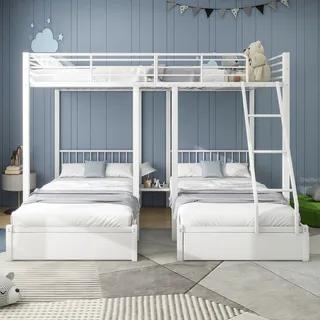STILVORA Etagenbett Metallbett mit 140 x 200 Doppelbett & zwei 90 x 200 Einzelbetten,Hochbett Kinderbett mit Schubladen,Weiß(Mit Matratze*3) - Weiß