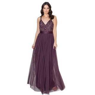 Maya Deluxe Damen Maya Deluxe Maxi Evening Dress Women's Elegant for Wedding With V-neck Tulle Dress Women's With Bow Brautjungfernkleid, Berry, 52 EU