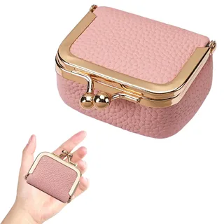 Lufdegim 1 Stück Schmuckschatulle Klein Mini Schmuckkästchen aus Echtem Leder mit Kussverschluss Schmuckorganizer Klein Tragbar Schmucketui für Halsketten Ringe Ketten (Rosa)