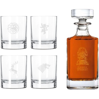 Game of Thrones Whiskey Set mit 4 Whiskeygläser und Whiskeyflasche mit Gravur - in hochwertiger Geschenkverpackung