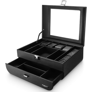 Seelux Uhrenbox Herren Uhren Aufbewahrungsbox mit Glasdeckel, abschließbar Schmuckkästchen Uhrenkoffer für Schmuck Ringe Broschen Brille, Geschenk für Männer Ehemann Freund, Schwarz