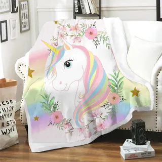 MUSOLEI Kuscheldecke Kinder Einhorn Decken 130×150cm Mädchen Fleecedecke Flanell Fleece Flauschig Plüsch Rosa Kinderdecke Sofadecke Sofaüberwurf Kinderzimmer Geschenke, Einhorn 01