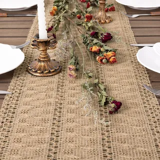 Dremisland Braun Makramee Tischläufer Jute Boho Juteband Tischband Bauernhaus Tischläufer Häkelspitze Mesh Tischdecke Table Runner Tischdeko für Hochzeits Thanksgiving Weihnachten Küche Esstisch