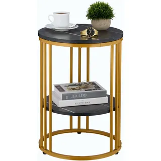 Relaxdays Beistelltisch Marmoroptik, 2 Ablagen, für Wohnzimmer, Metall & MDF, Sofatisch rund, HxD 56x40 cm, schwarz/Gold