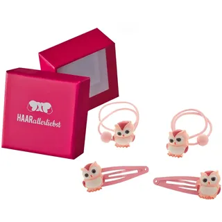 HAARallerliebst Haarschmuck Set (4 teilig | Eulen | rosa) für Mädchen inkl. Schachtel zur Aufbewahrung (Schachtelfarbe: pink)