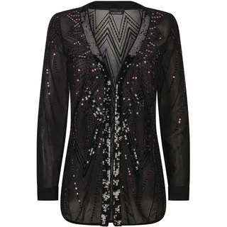 Chiffonbluse GOLDNER "Edle Pailletten-Jacke mit V-Ausschnitt", Damen, Gr. 44, schwarz (schwarz, beere, gemustert), Obermaterial: 100% Polyester PES., V-Ausschnitt, Blusen Chiffonbluse, Pailletten