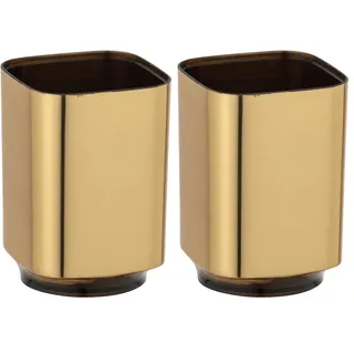 WENKO Zahnputzbecher Auron Gold, hochwertiger Zahnbürstenhalter für Zahnbürste und Zahnpasta aus hochwertigem Kunststoff mit changierender Glanz-Oberfläche in Gold, 7 x 10 x 7 cm (Packung mit 2)