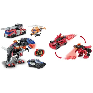 Vtech Switch and Go Dinos 3-in-1 Super-T-Rex & Switch and Go Dinos Fire-Mini-T-Rex – Dino-Auto-Transformer – 2in1 Spielzeug mit Dinostimme, Geräusch- und Lichteffekten – Für Kinder von 3-8 Jahren