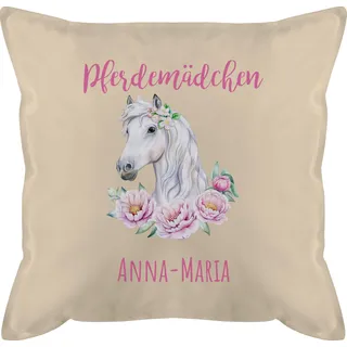 Kissen 50x50 - Pferd Pferde - Pferdemädchen mit Name personalisiert I Geschenk Reiten Mädchen - 50 x 50 cm - Beige Natur - pferdekissen Horse schmusekissen Reiter und personalisierte