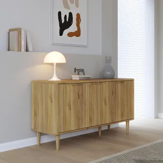 Forte Sherbrooke, einfache Montage Dank EasyKlix Kommode, Holzdekor: Mauvella Eiche, hohe Holzfüße, Sideboard mit 3 Türen, Mid Century Stil, 140 cm breit x 74 cm hoch x 43 cm tief