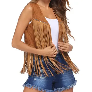 TMTGTS Damen Weste Mit Quasten Ärmellos 1Pcs Fransenweste Fransen Weste in Wildleder-Optik Kurze Fransenjacken Oberteile Lässige Weste Oberbekleidung Oberte Glitzer Jacke Gilet Sparkle Open Fron