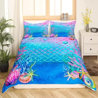 Kawaii Bettbezug 135 x 200 Glitzer Meerjungfrau Schuppen Bettwäsche für Kinder Mädchen Pastell Lila Blaugrün bunte Perle Bettbezug Algen Seesterne Bettbezug nautisches Meerestier Schlafzimmerdekor