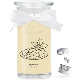 Juwelkerze Warm Vanilla Cookies Ohrringe Silber - Schmuckkerze 80 Std - große Duftkerze mit Vanillaem Duft - cremee Kerze mit Schmuck Überraschung