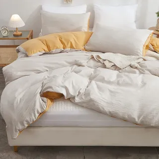 Freyamy Wendbar Bettwäsche 135x200cm 2teilig Beige Gelb Unifarben Uni Wendebettwäsche Gewaschene Microfaser Weiche Bettwaren-Sets Elegant Bettbezug mit Reißverschluss und Kissenbezug 80x80cm