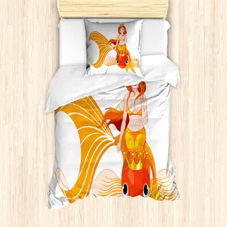 ABAKUHAUS Unterwasser- Mantele, Prinzessin auf Goldfish, Milbensicher Allergiker geeignet mit Kissenbezügen, 135 cm x 200 cm - 80 x 80 cm, Orange Marigold Weiß - Orange