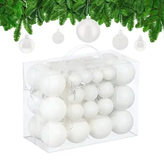Relaxdays Weihnachtskugeln im 50er Set, Kunststoff, glitzernde, Matte, glänzende Baumkugeln, Christbaumschmuck, weiß