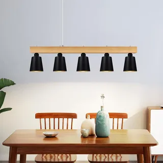 ZMH Pendelleuchte Esstisch Hängelampe Schwarz - Hängeleuchte Esszimmer Pendellampe Holz E27 Esszimmerlampe Modern 5 Flammig Esstischlampe für Küche Flur Schlafzimmer Wohnzimmer (ohne Leuchtmittel)