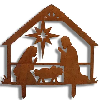 Rostikal Krippe Weihnachten 28 x 35 cm mit Figuren Edelrost Gartenstecker Gartendeko
