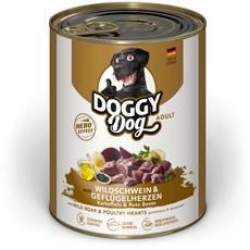 DOGGY Dog Paté Wildschwein & Geflügelherzen, 6 x 800 g, Nassfutter für Hunde, getreidefreies Hundefutter mit Lachsöl und Grünlippmuschel mit Kart of Made in Germany