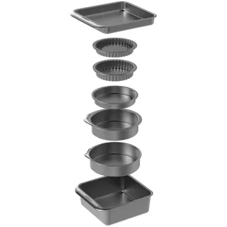MasterClass Smart Space Backformen-Set 7-teilig, antihaftbeschichtet und stapelbar mit 1 x Bratform, 2 x runde Kuchenform, 1 x Sandwichform, 2 x Flan-/Quiche-Form und 1 x Brownie-Blech in Geschenkbox