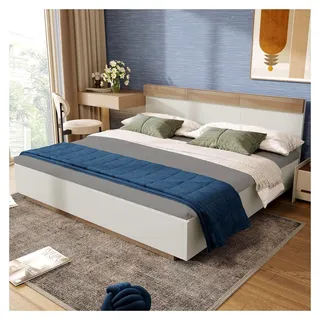 Holzbett Doppelbett Schwebebett 180x200 cm mit Lattenrost und Kopfteil – Bettgestell in Eiche Sonoma/Weiß – Modernes Design ohne Matratze - Braun, Weiß