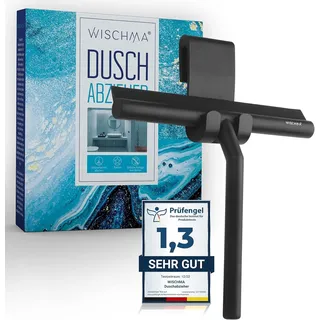 WISCHMA Duschabzieher aus Silikon, schwarz – Abzieher für Dusche mit Halterung ohne Bohren, Edelstahl-Kern, Glasabzieher streifenfrei für Glas, Spiegel und Fliesen