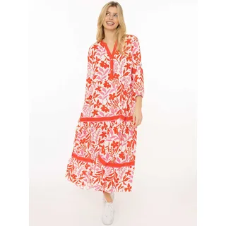 Maxikleid ZWILLINGSHERZ "Flower", Damen, Gr. S/M, N-Gr, rot, Web, Obermaterial: 100% Viskose, gemustert, mehrfarbig, knöchelfrei, V-Ausschnitt, gerader Abschluss mit Gummizug, Kleider Maxikleid, Florales Muster, Schriftzug, 3/4 Arm, Knopfleiste