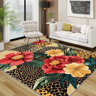 TerroVee Blumen Waschbarer Teppich, Bunt Geblümt Leopard Teppich 100x200 cm, Einzigartig Botanisch Kurzflor rutschfest Teppiche Für Schlafzimmer Wohnzimmer, Lack Gelb Rot
