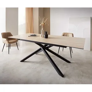 DeLife Esstisch Edge Keramik Travertin Natur Kreuzgestell Rechteck Schwarz ausziehbar