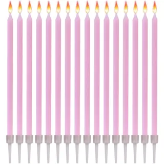16 Geburtstagskerzen Lange Dünne mit Haltern - Größe 12 cm x 0,5 cm - Farbe Rosa