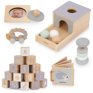 Mamabrum Montessori Holz-Spielzeug-Set: 6 Lernspielzeuge für Babys ab 6 Monaten - Fördert Motorik & Kreativität - Pädagogisches Holzspielzeug für Kleinkinder
