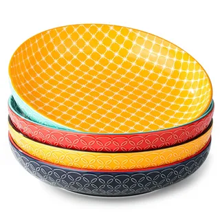 DOWAN Pastateller Groß Tief 4er Set, Ø 25,2 cm Porzellan, 1480 ml Suppenteller Tief, Pastaschale Rund, Klassische Nudelteller, Bowl Teller Keramik für Pasta, Nudeln, Suppe, Salat-Lebendige Farben
