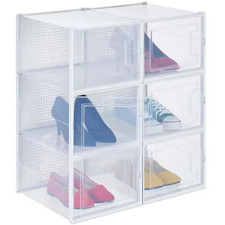 Relaxdays Schuhbox Transparent Weiß 6er-Set mit Deckel , Kunststoff , 28x21x36 cm , Garderobe, Schuhaufbewahrung