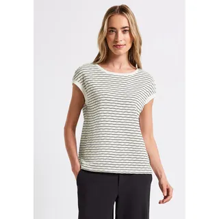 STREET ONE Shirttop STREET ONE, Damen, Gr. 46, weiß (sanftes weiß), Obermaterial: 50% Baumwolle, 50% Polyester, gestreift, regular fit taillenbedeckt, Rundhals, Tops Shirttop, mit Streifen Muster