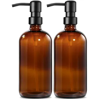 MIUSITE Seifenspender Glas, 500ml Solide Seifenspender Braun mit Pumpe aus Edelstahl, Set für Küche, Bad und Dusche, Vintage Braune Glasflaschen mit pumpe und Etiketten - 2 Stücke