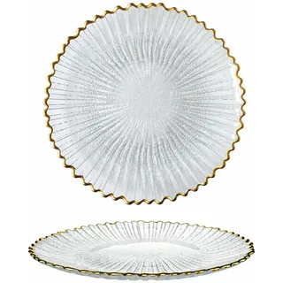 Glas Dessertteller mit Goldrand 21cm, Eleganter Glasteller Kuchenteller Obstteller Snackteller Transparent, Strukturglas Servierteller für Tischdeko Snackteller Frühstücksteller Dekoteller 1 Stück