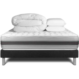Komplettpaket Bett - Matratze 160x200 cm + Boxspringbett mit Lattenrost (im Set) + 2 Kopfkissen + Bettdecke - Vitalspring Recover - Schwarz