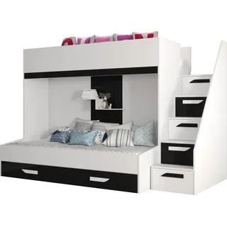 Etagenbett für Kinder Party 16 Stockbett mit Treppe und Bettkasten (Weiß + Schwarz Glanz) - Weiß, Schwarz