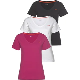 T-Shirt H.I.S "Essential-Basics vielseitig kombinierbar", Damen, Gr. 48/50, pink (schwarz, pink, weiß), Obermaterial: 100% Baumwolle, bestickt, Basic, figurumspielend hüftlang, V-Ausschnitt, Shirts T-Shirt, lockerer Schnitt, 100% Baumwolle, vielen Farben & großen Größen, Topseller