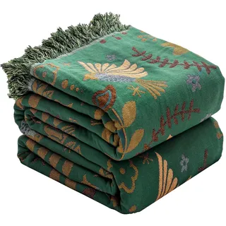 HOORDRY Boho Baumwolle Decke,Atmungsaktive und Weiche Tagesdecke, 4-Lagige Musselin Decke für Ganze Saison,Baumwolldecke mit Fransen -Grünes Vogelmuster 150 x 200CM